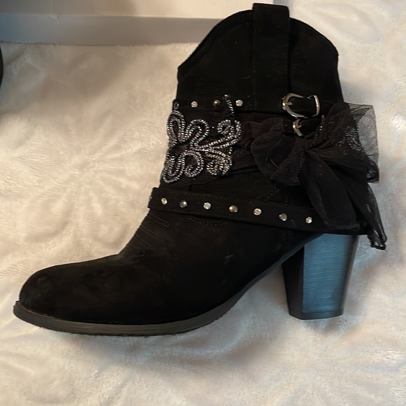 Shoes - Perfect party booties.Black, 3” block heel,lace beaded sequin embellishments.